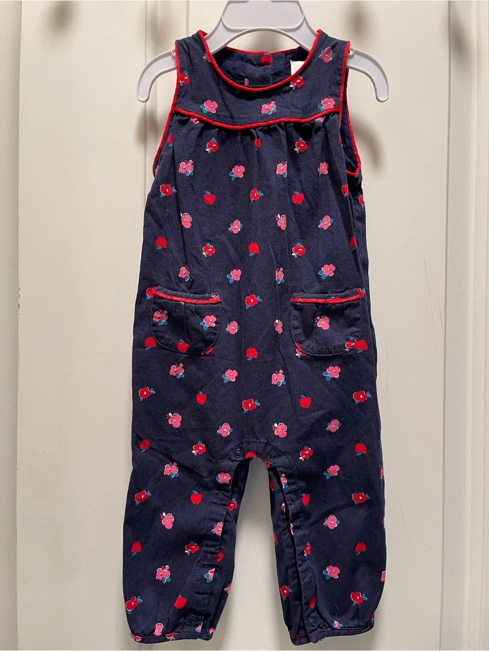 Vintage Gymboree 6-12M Baby Girl Navy Corduroy Floral Apple Overalls Romper